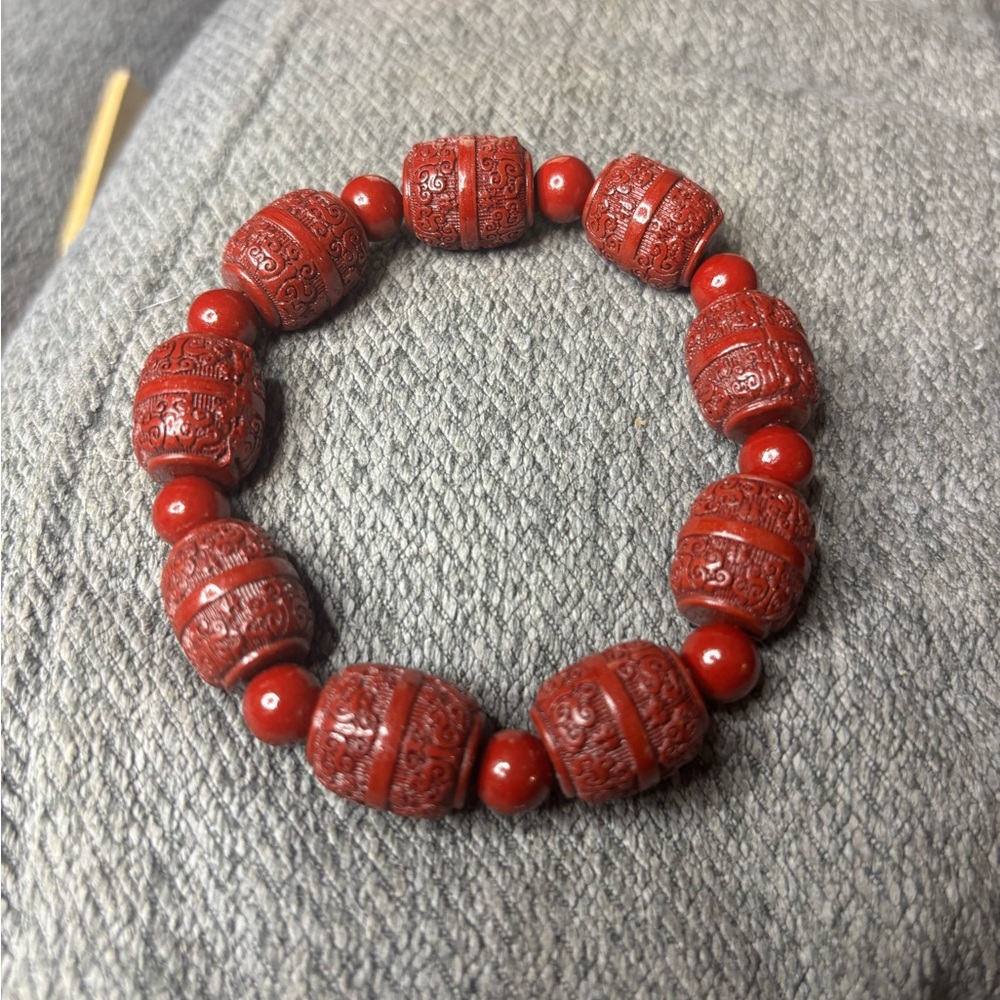 Cinnabar Carved Beaded Bracelet